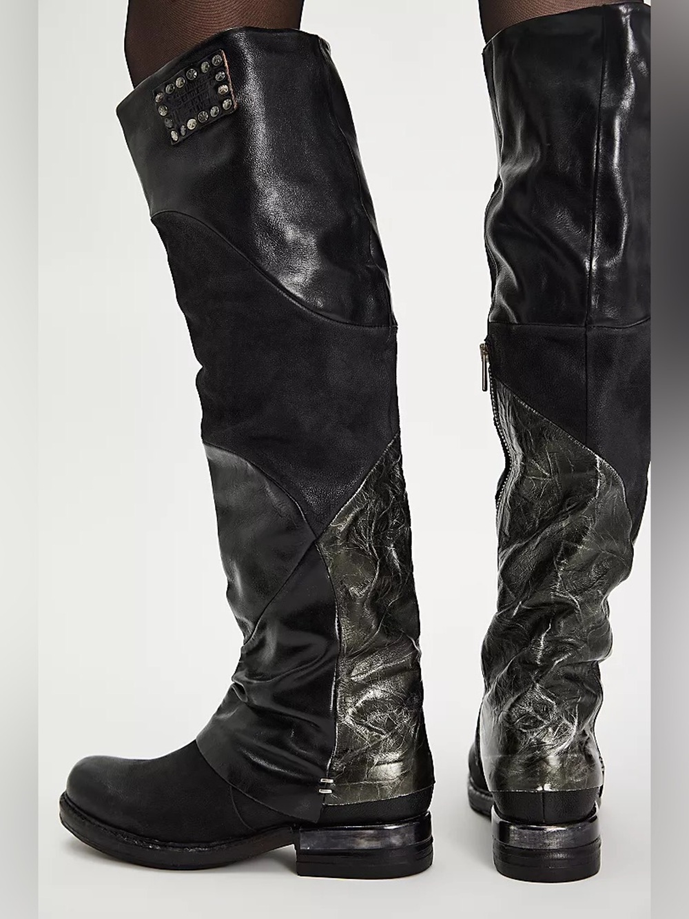 New A.S.98 x Free People Ardie Black Silver Tall Moto Knee Boots sz 11/41